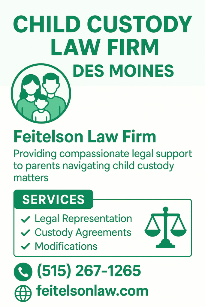 This image shows that the child custody law firm for DES MOINES service for th Feitelson Law Firm.