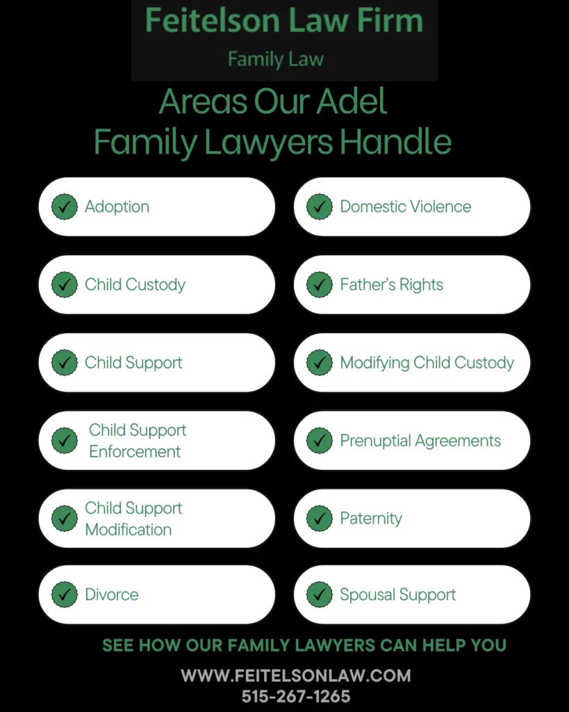 This infographic shows that Areas Our Adel Family Lawyers Handle